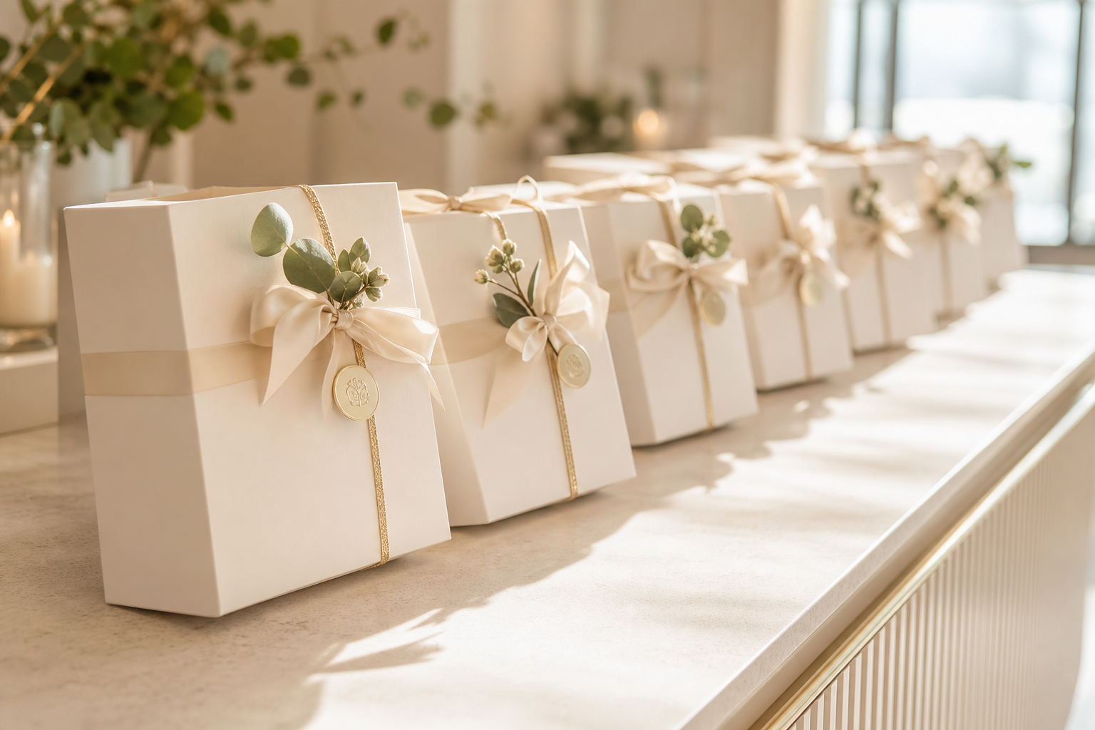Finished client gifts lined up in a row with soft gold accents