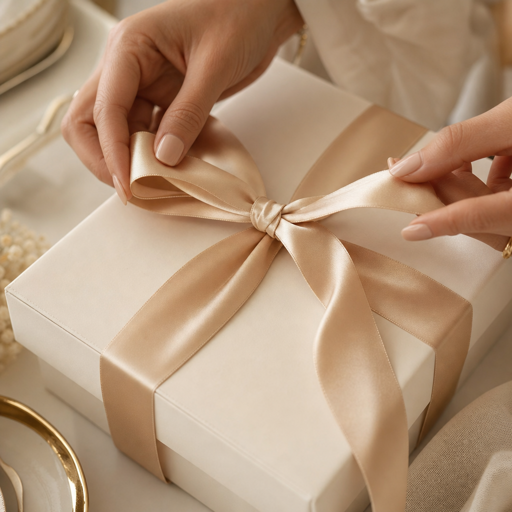 Close-up of hands tying a satin ribbon around a gift box