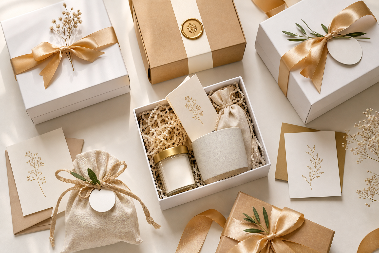 Finished client gifts arranged with ribbon, cards, and small boxes on a light surface