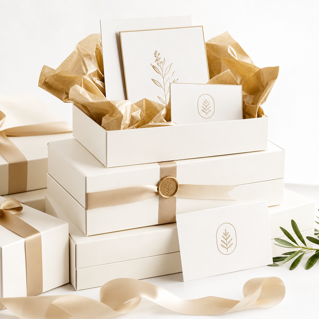 Stack of coordinated gift boxes in warm white with subtle gold tissue paper and neatly placed branded cards