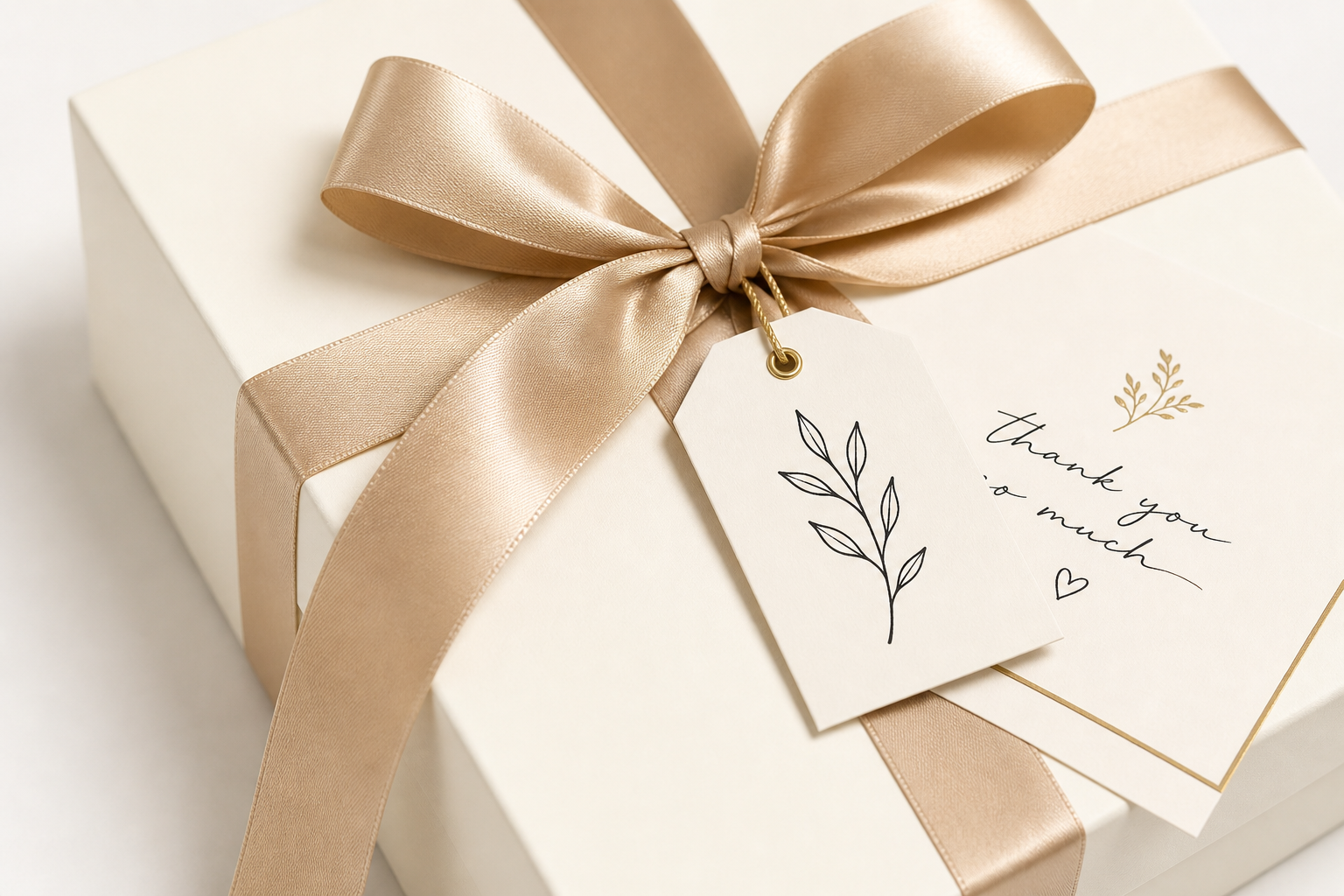 Close-up of a luxury gift box with soft ivory packaging, satin ribbon, and a handwritten card