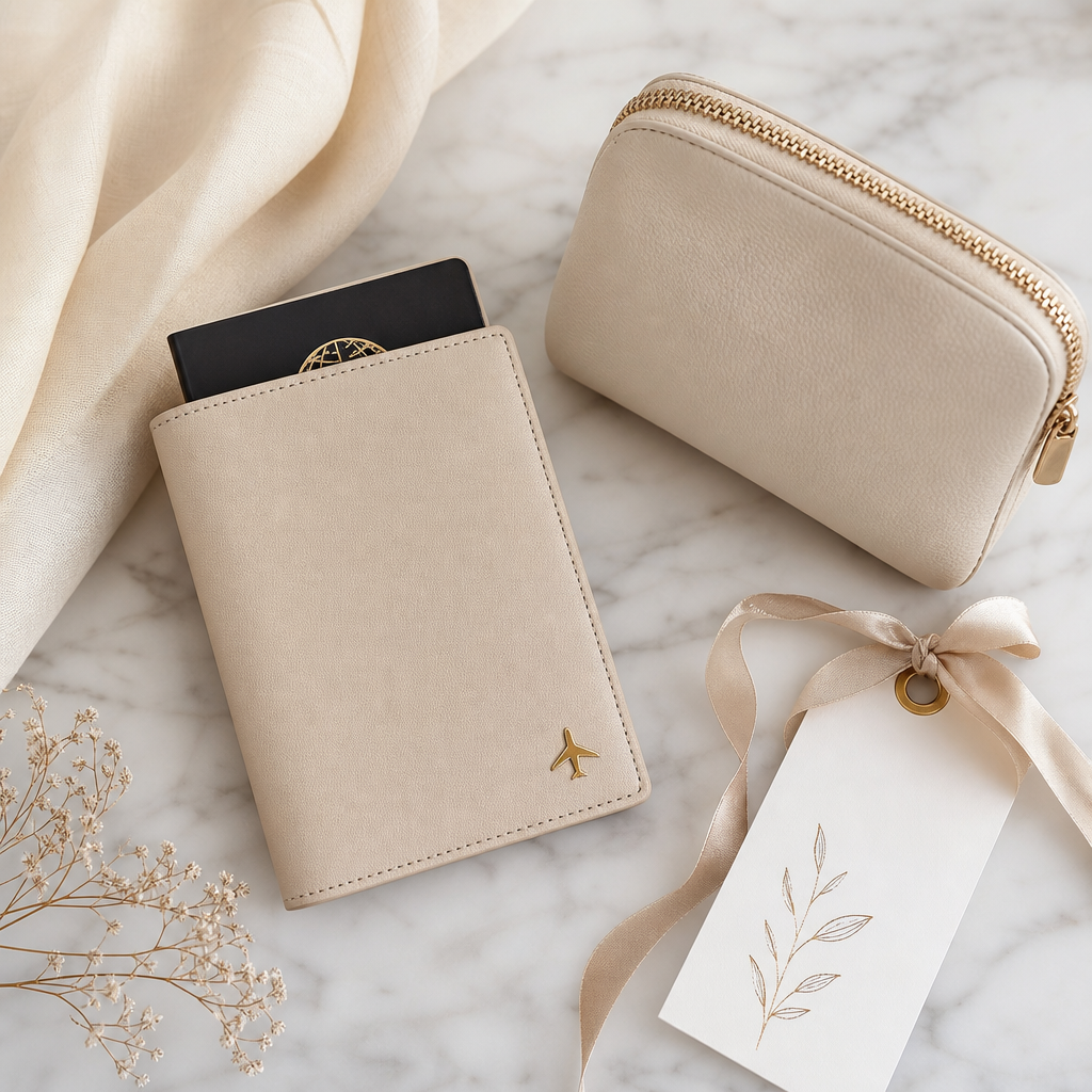 Travel gifting set with passport holder and ribbon