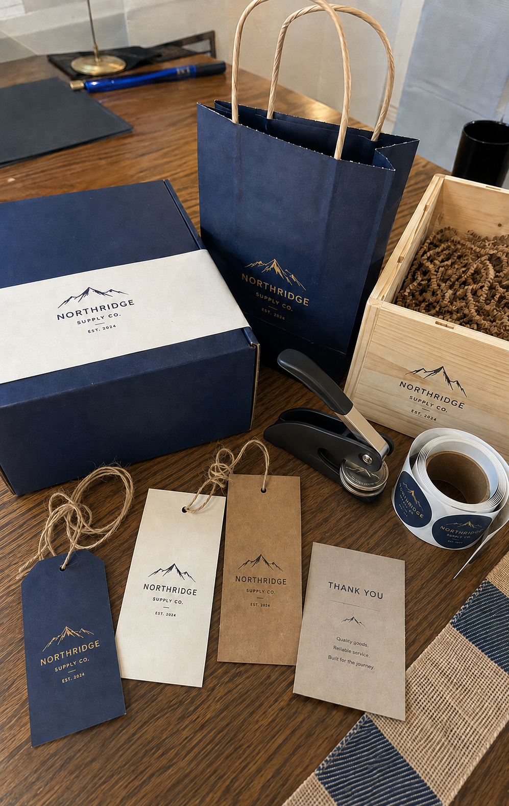 Branded business gift set arranged with client-ready packaging