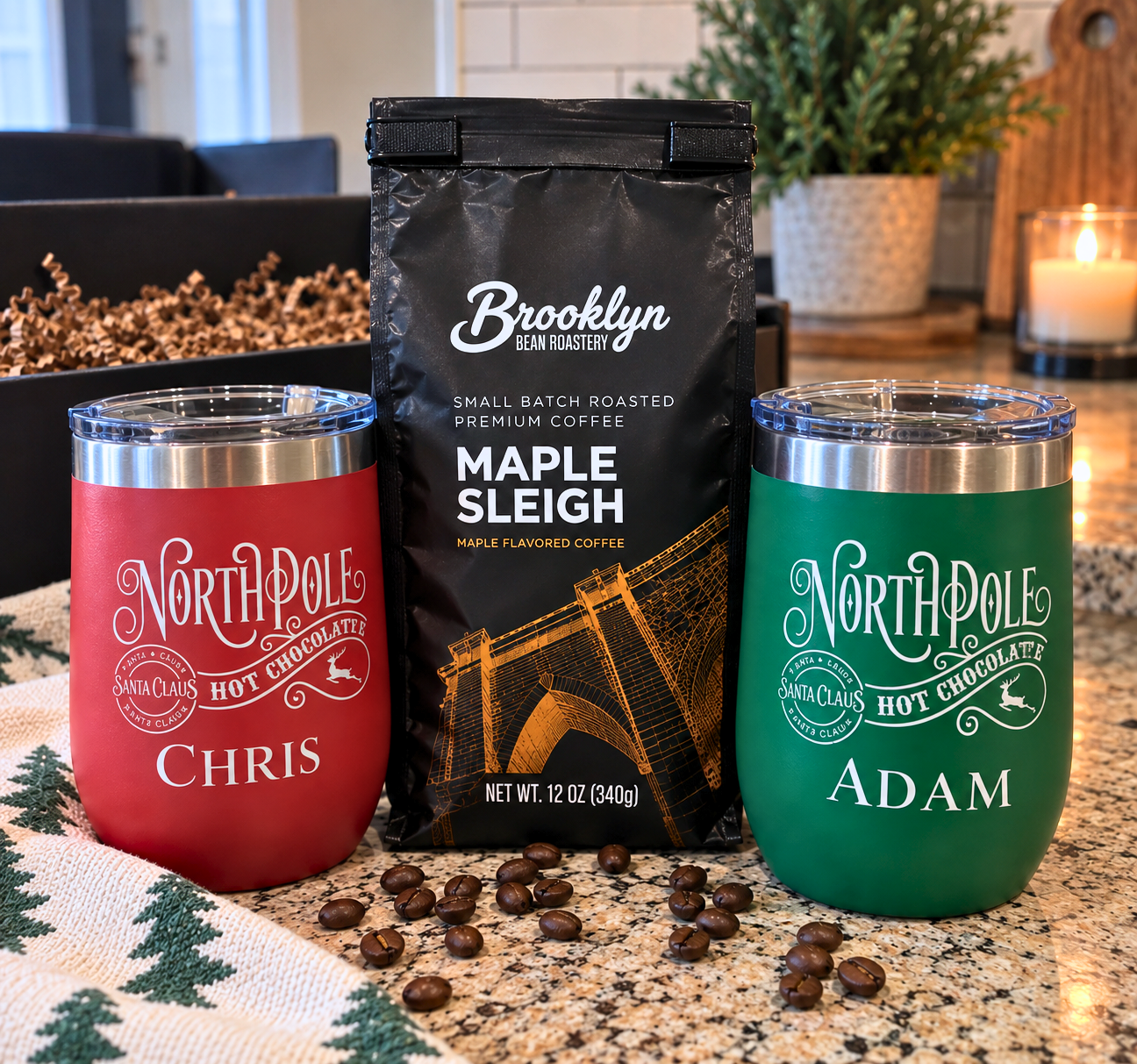 Personalized North Pole tumblers paired with Maple Sleigh coffee