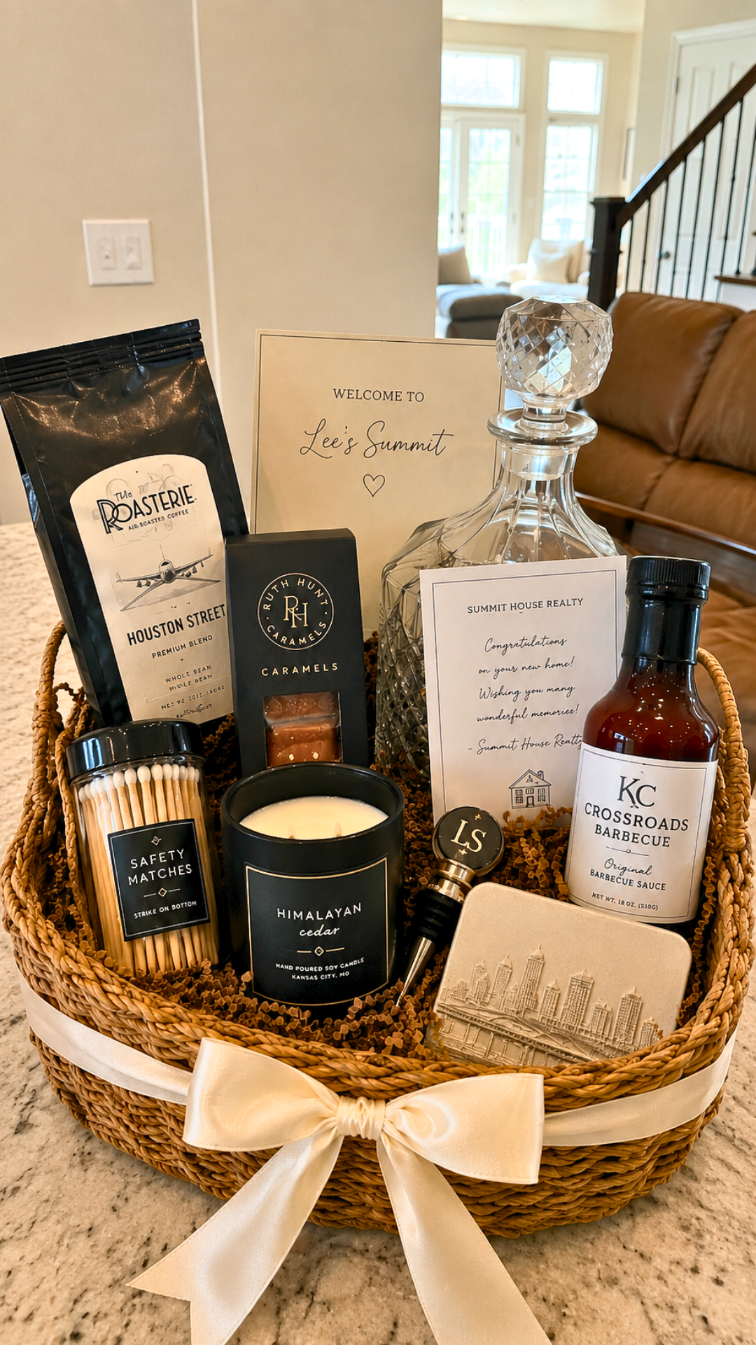 Elegant client gift box with ribbon, branded card, and neutral wrapping