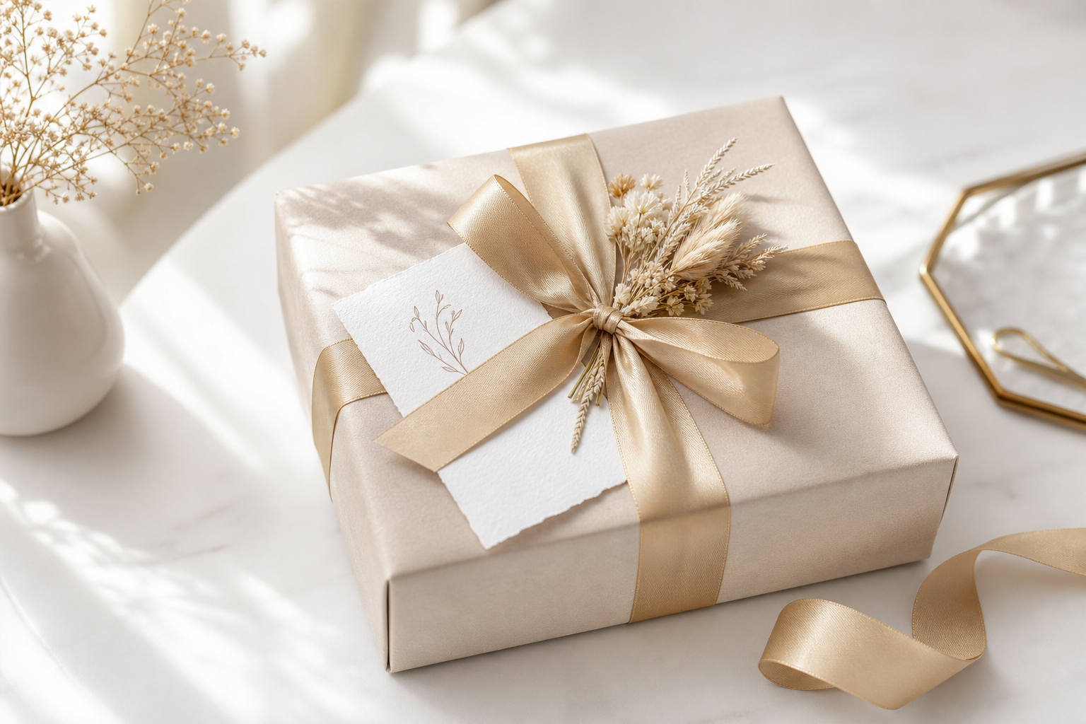 A large finished client gift with soft neutral wrapping, a handwritten card, and subtle gold ribbon placed on a bright white surface