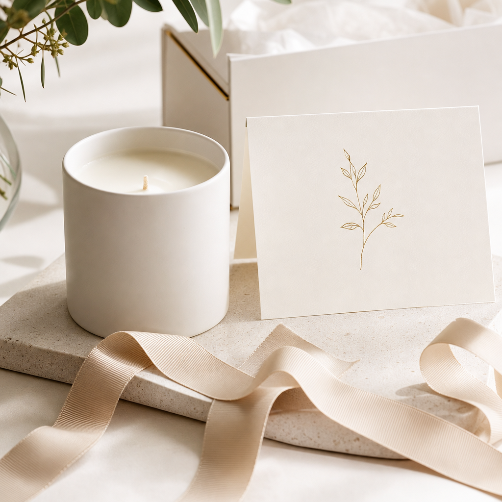 Welcome gift with candle, card, and soft ribbon