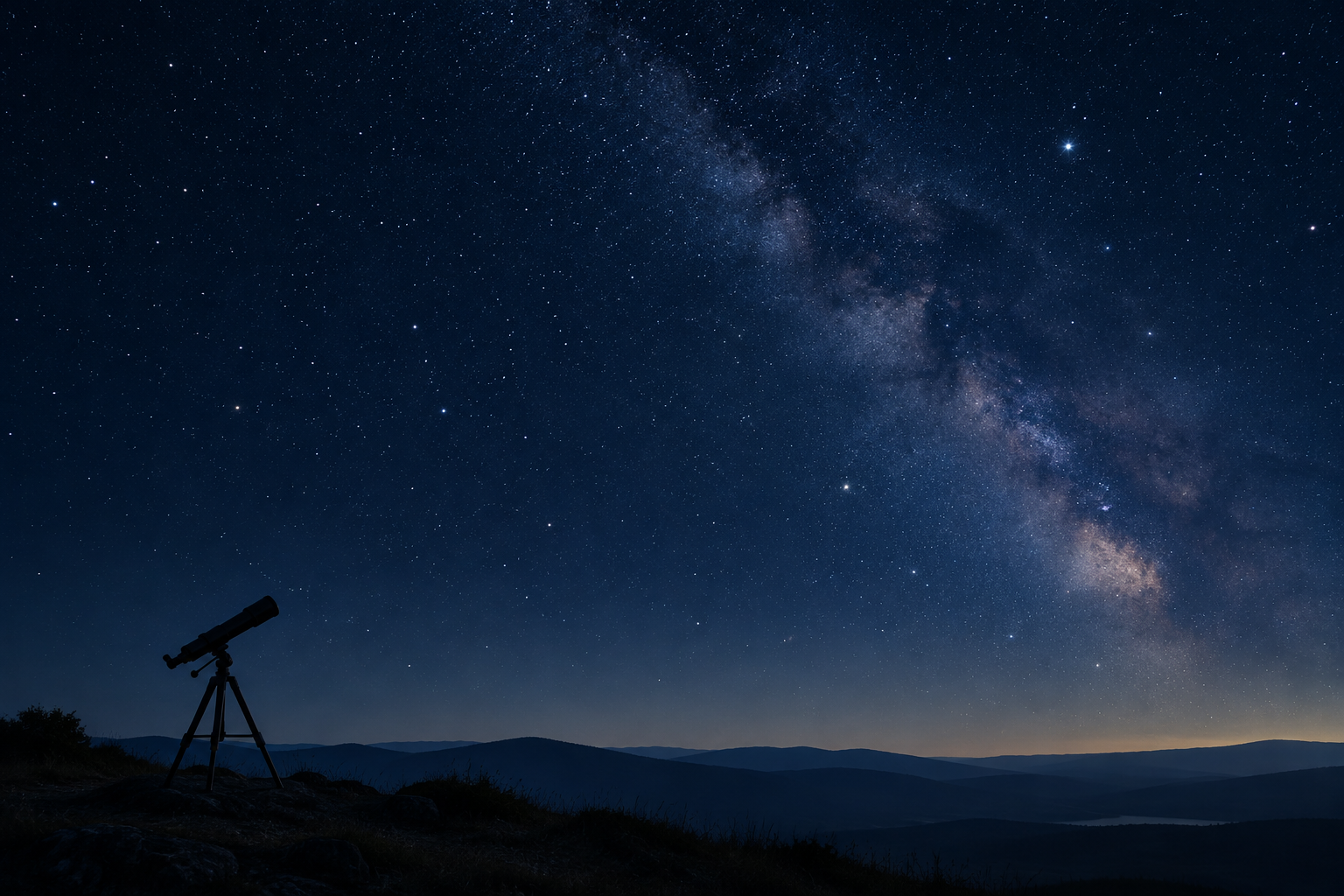 Calm star field over a quiet hill with a small telescope silhouette under a clear night sky