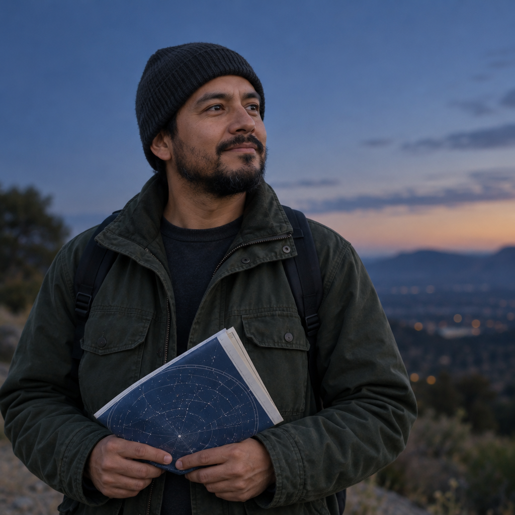 Luis Ortega, an amateur astronomer in a charcoal beanie and field jacket, reviewing a printed star chart under soft twilight light.