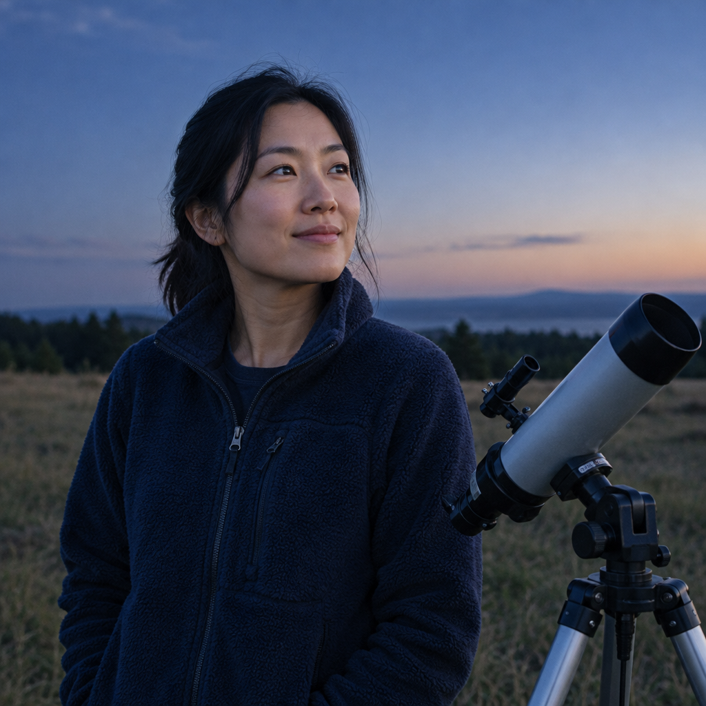 Maya Chen, a community astronomy organizer in a navy fleece jacket, standing outdoors at dusk with a compact telescope and a calm expression.