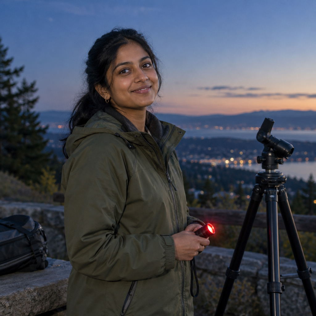 Priya Nair, a volunteer meetup organizer in an olive windbreaker, smiling beside a tripod and red-light flashlight at a park viewpoint.