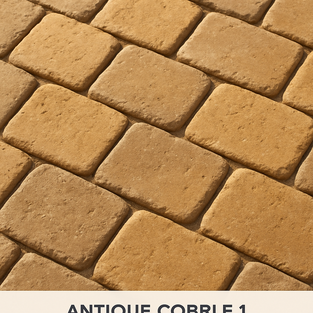 Antique Cobble 1 paver stones in warm tan and sand hues with a classic cobblestone texture