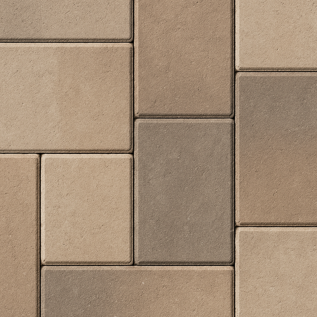 Paseo 1 and 2 pavers in a blended palette of warm gray and taupe, laid in a refined geometric layout