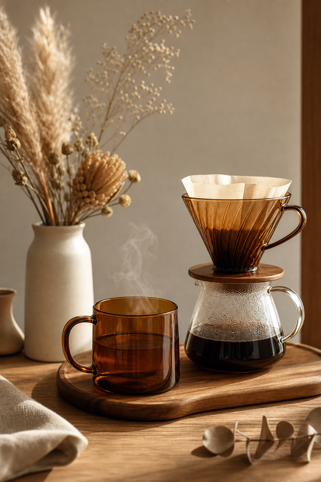 Amber glass mug beside a hand drip coffee setup