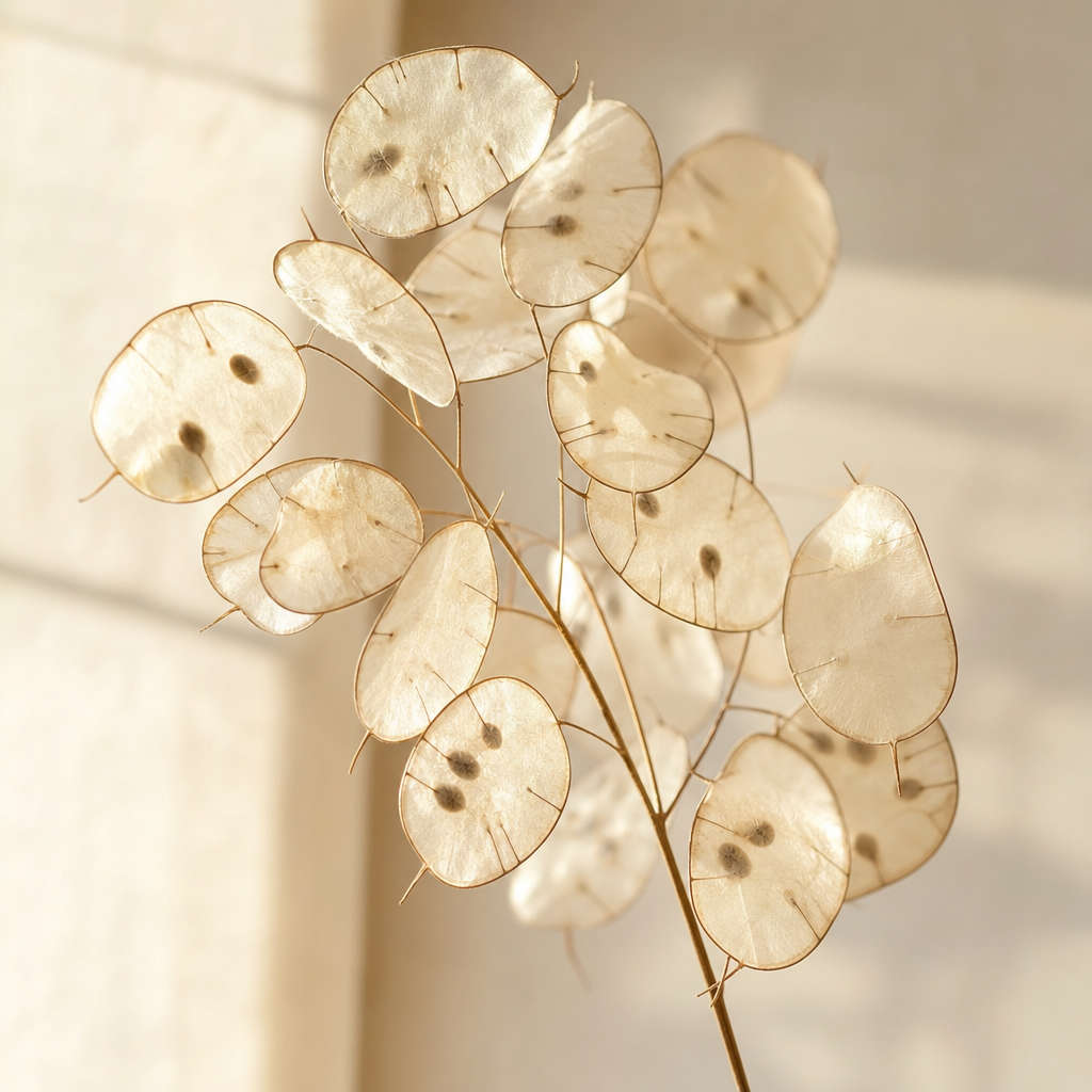 Single dried lunaria stem with translucent seed pods in warm morning light