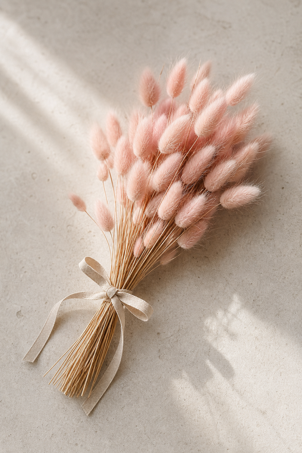 Soft blush lagurus stems tied with linen ribbon