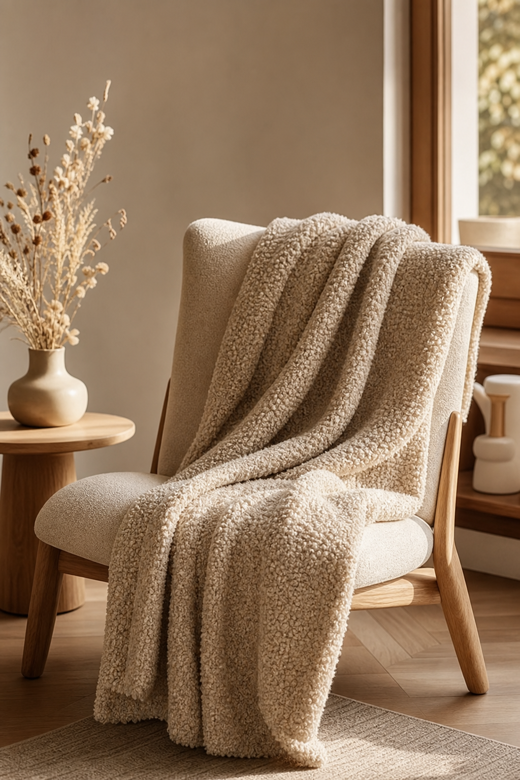 Warm beige boucle throw draped over a lounge chair