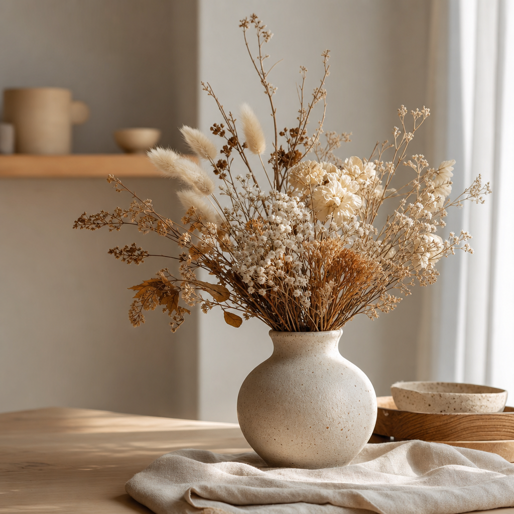 Softly lit dried floral still life on a light wood table with a ceramic vase, linen texture, and warm minimalist interior styling
