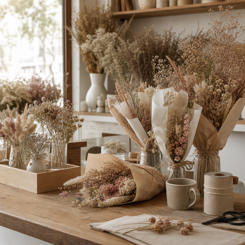 Warm cafe-inspired floral workspace with curated dried flower bouquets and preserved stems