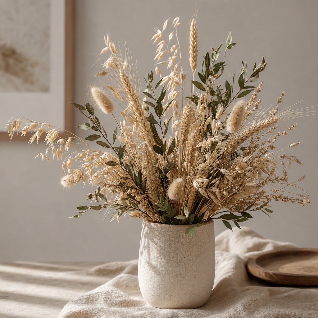 Neutral dried stem arrangement featuring wheat, oats, and ruscus in soft natural tones