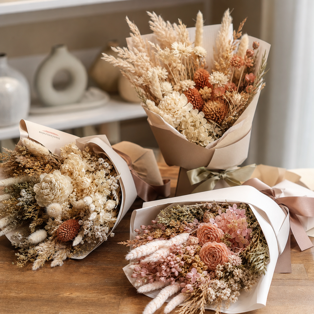 Preserved dried flower gift bundles wrapped in natural paper with satin ribbon and mini tag