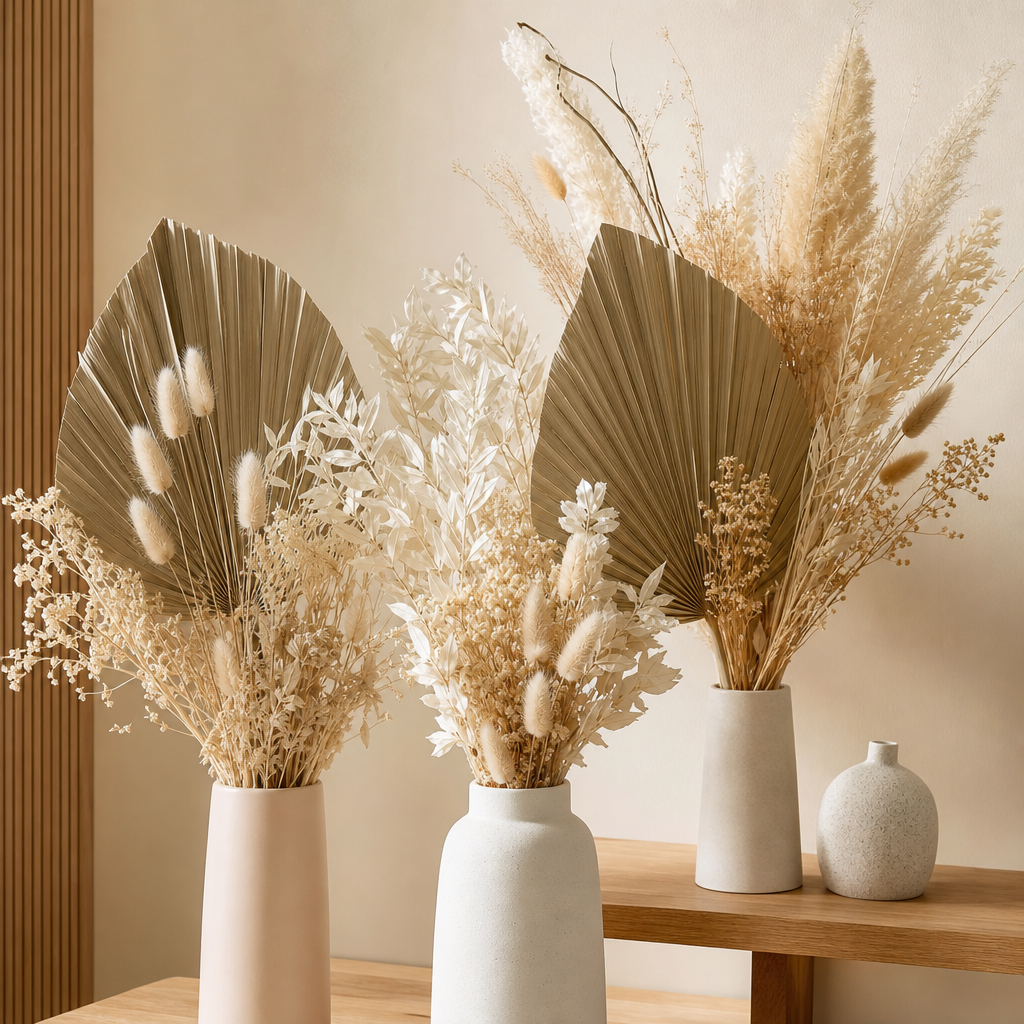 Sculptural dried stems including fan palms and bleached ruscus displayed in tall matte vases