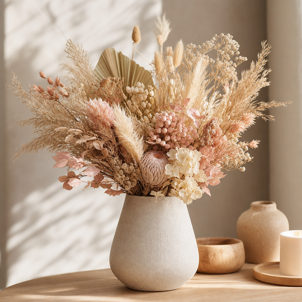 Signature dried flower bouquet with oat and blush stems arranged in a handmade ceramic vase