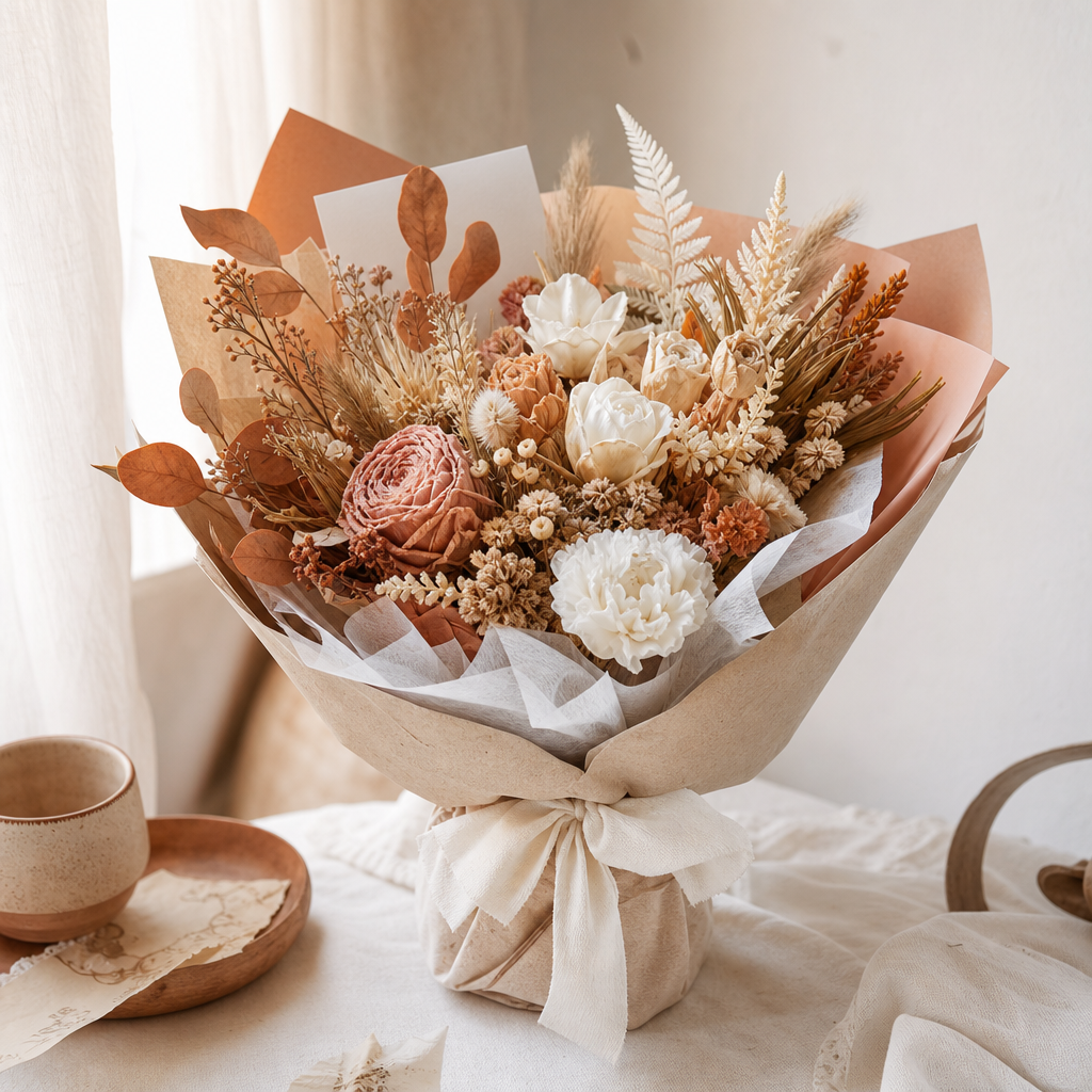 Gift-ready dried floral arrangement in terracotta, cream, and muted rose tones tied with cotton ribbon