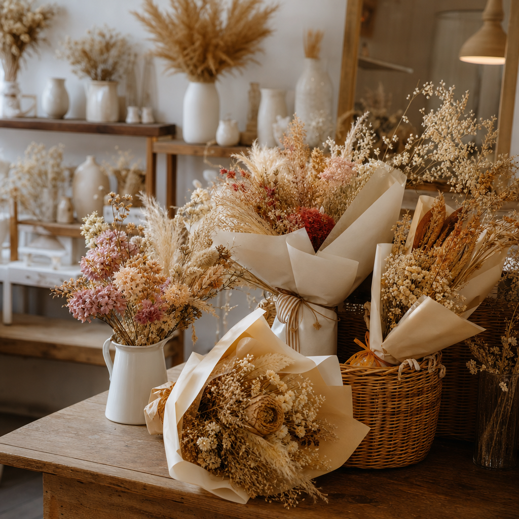 Softly lit premium dried flower bouquets and stems in a warm cafe-inspired floral scene