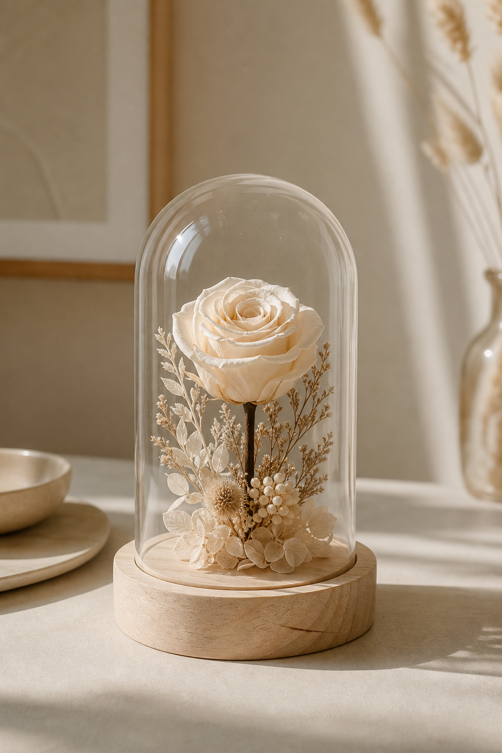 Single preserved ivory rose in a glass cloche
