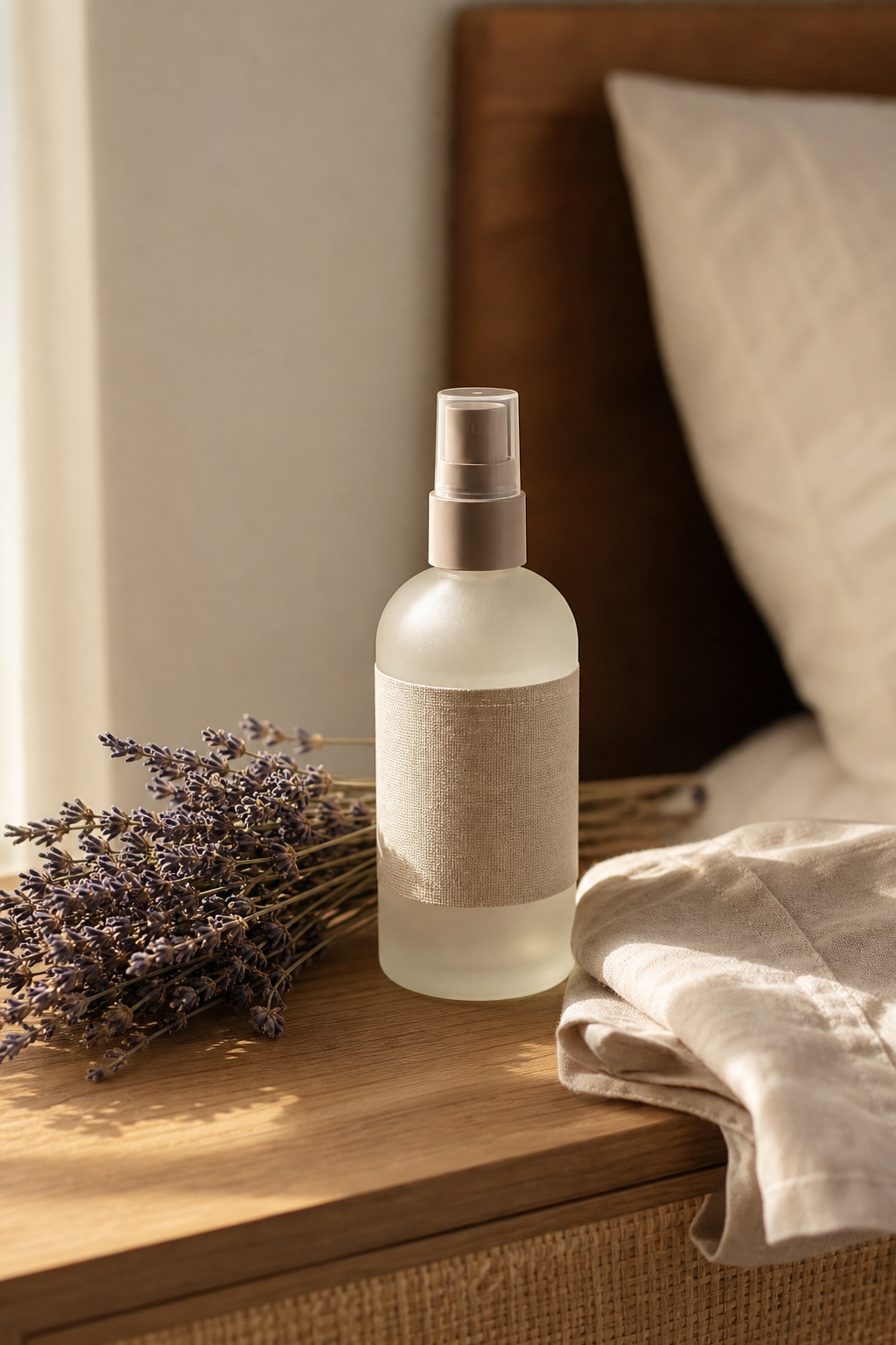 Frosted linen spray bottle with dried lavender stems