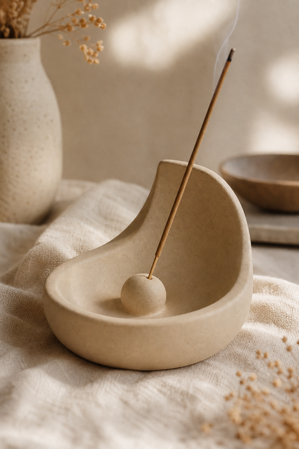 Matte sand ceramic incense holder with clean curved form