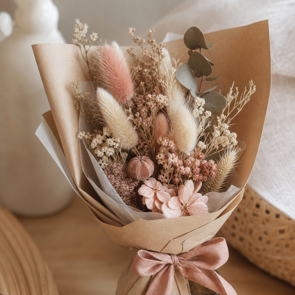 Mini hand-tied dried bouquet with blush bunny tails and ivory lagurus wrapped in kraft paper