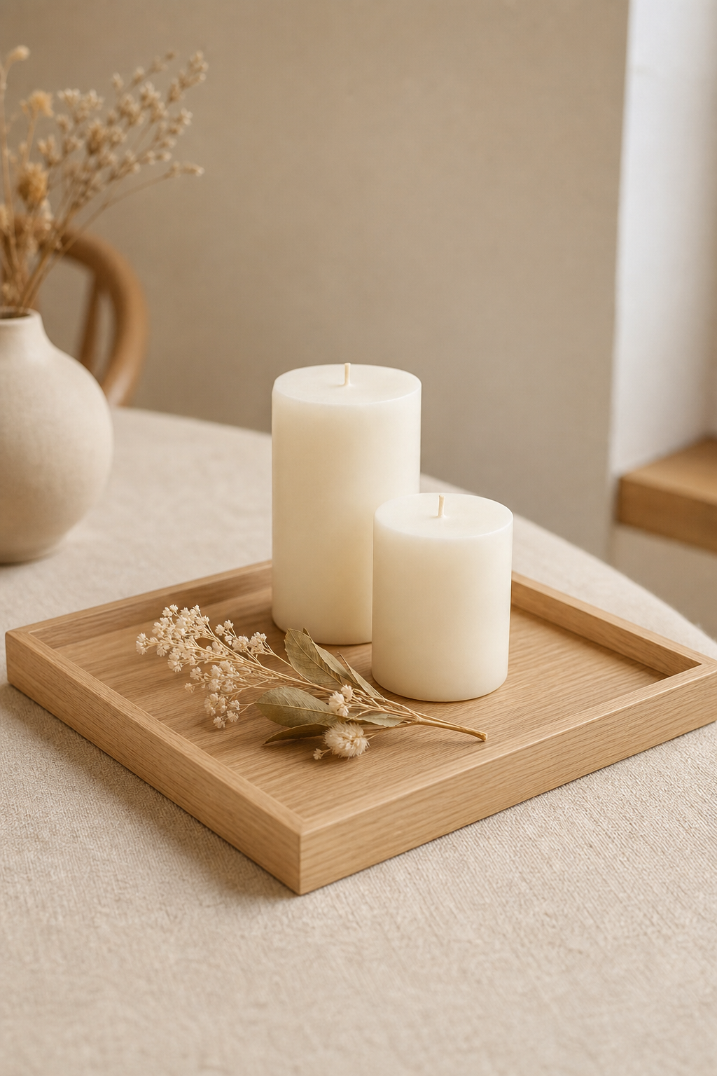 Light oak tray with two pillar candles and dried sprig
