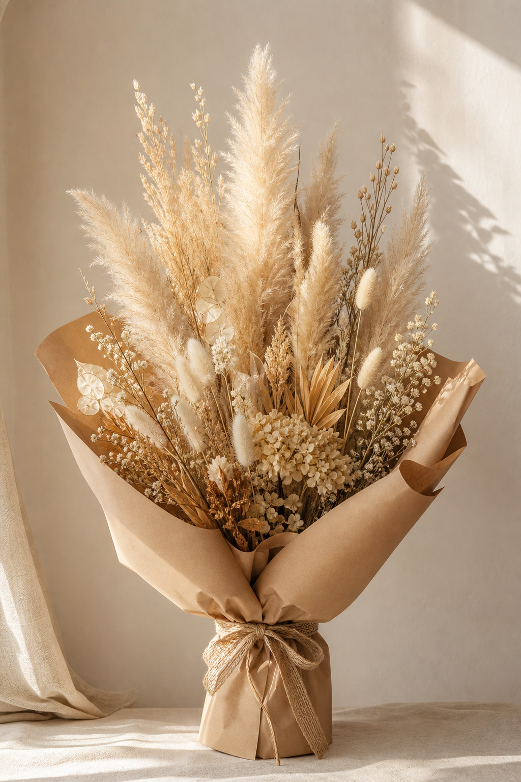 Tall neutral pampas bouquet wrapped in kraft paper