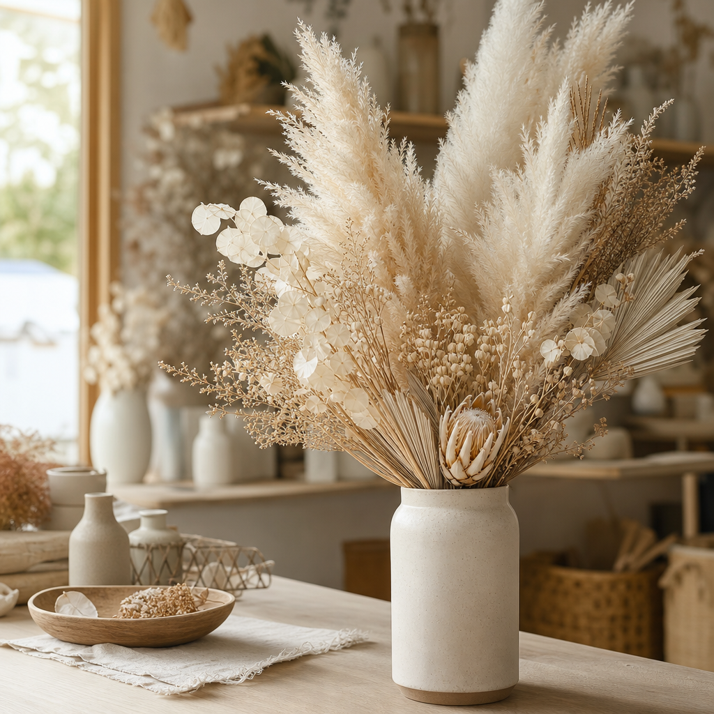Signature dried pampas arrangement with airy ivory plumes and textured stems
