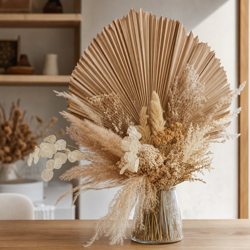 Fan-shaped dried palm arrangement layered with preserved grasses in warm beige hues