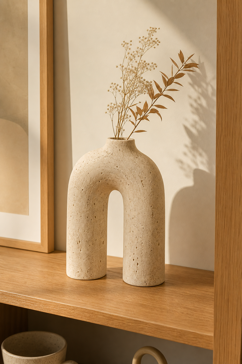 Cream travertine arch vase styled on oak shelf