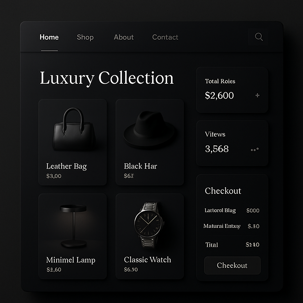 Luxury ecommerce website mockup on a dark interface with elegant product cards, analytics tiles, and a checkout preview