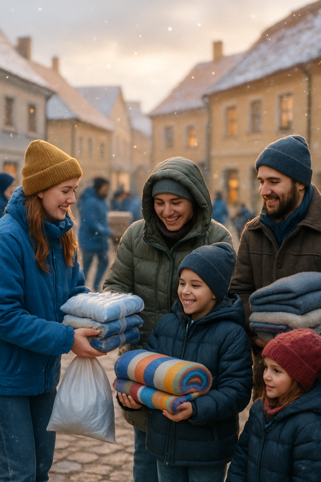 Volunteers distributing warm winter clothing and blankets to families in a snowy Ukrainian town, with smiles and a hopeful atmosphere