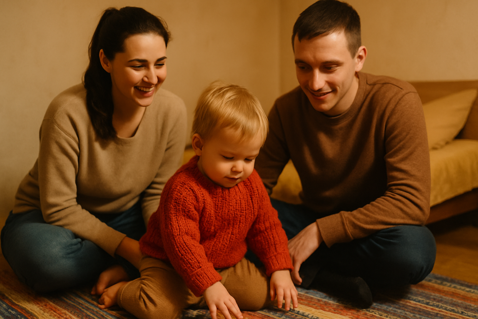 A young couple with a toddler in a cozy room, the child playing on a colorful rug wearing a warm sweater