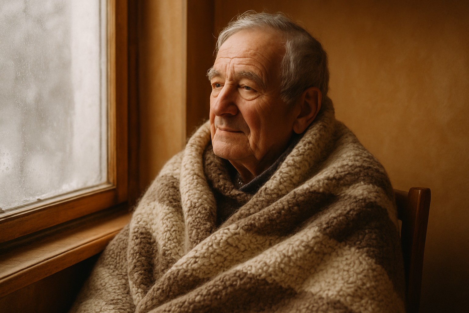 An elderly man sitting by a window wrapped in a warm knitted blanket, looking peaceful