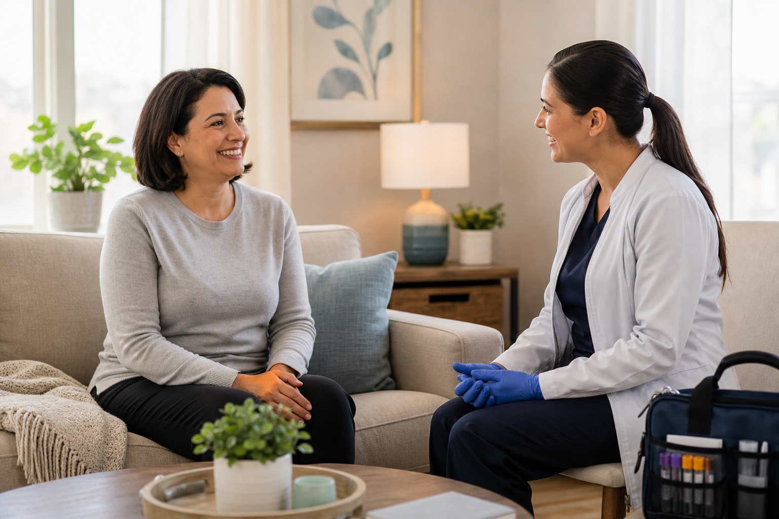 Smiling adult seated comfortably on a sofa with a clinician nearby in a calm home setting