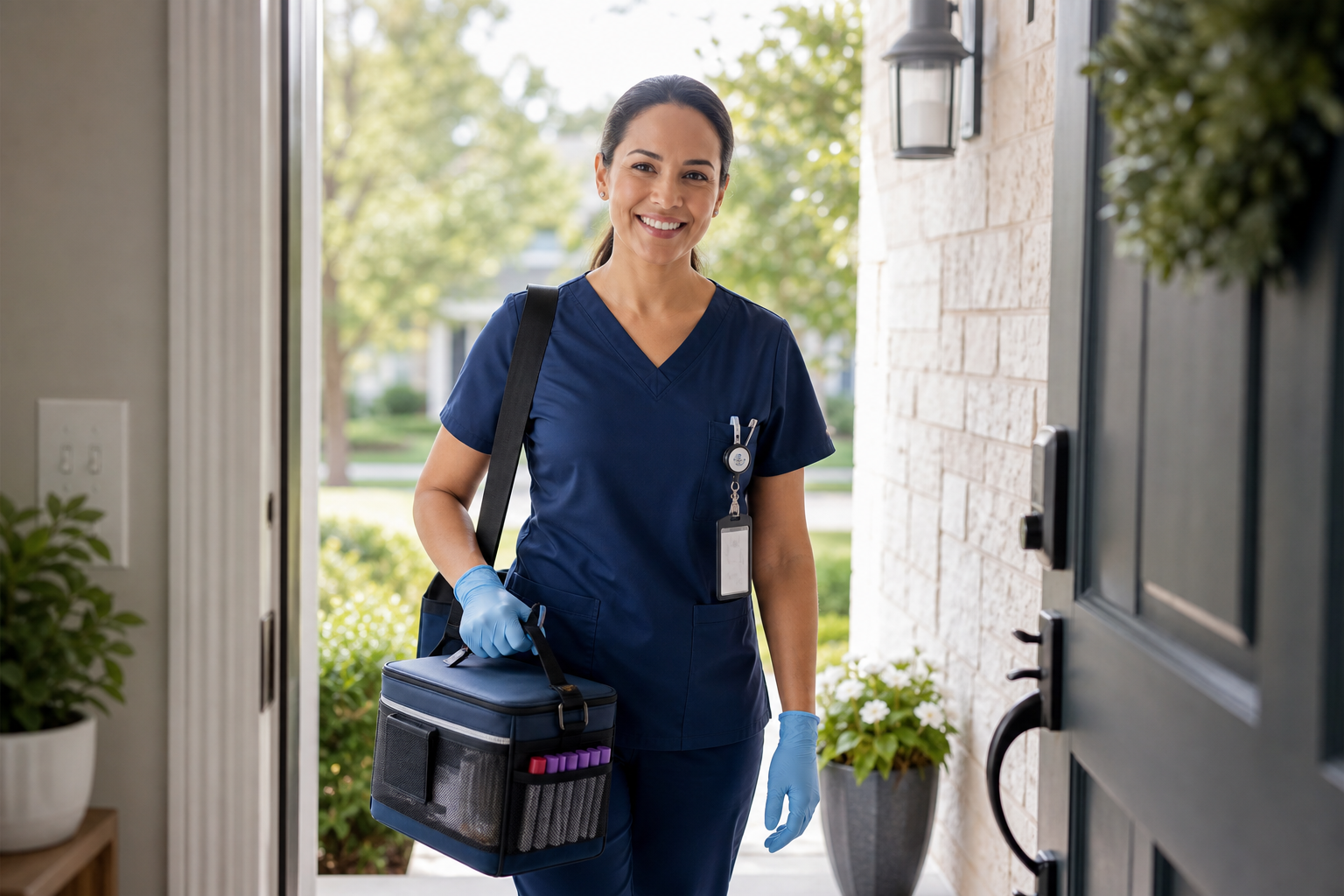 Phlebotomist arriving at a front door with a medical kit for an at-home visit