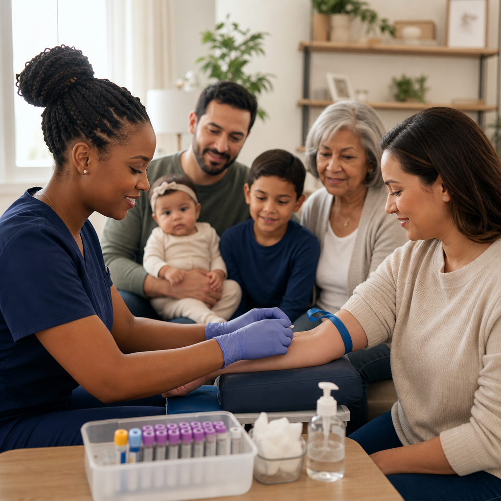 Licensed phlebotomist in professional scrubs preparing a home blood draw kit while speaking kindly to an older patient in a bright living room