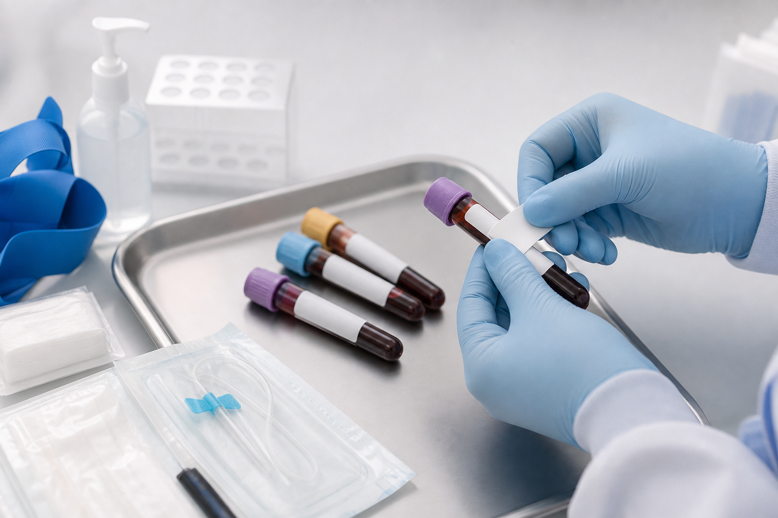 Gloved hands labeling specimen tubes on a clean medical tray with organized supplies
