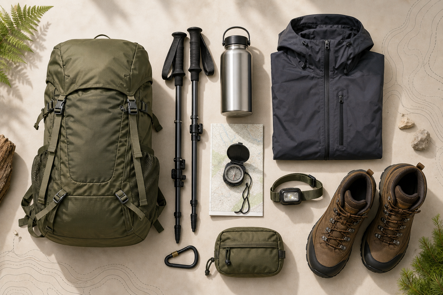 Curated arrangement of hiking gear on a clean natural-toned surface