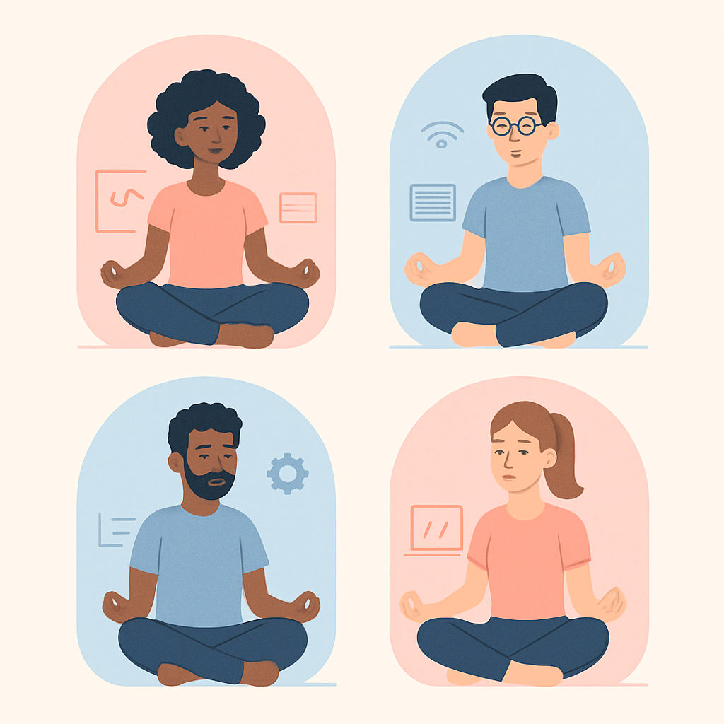 Minimalist focus pods with programmers meditating