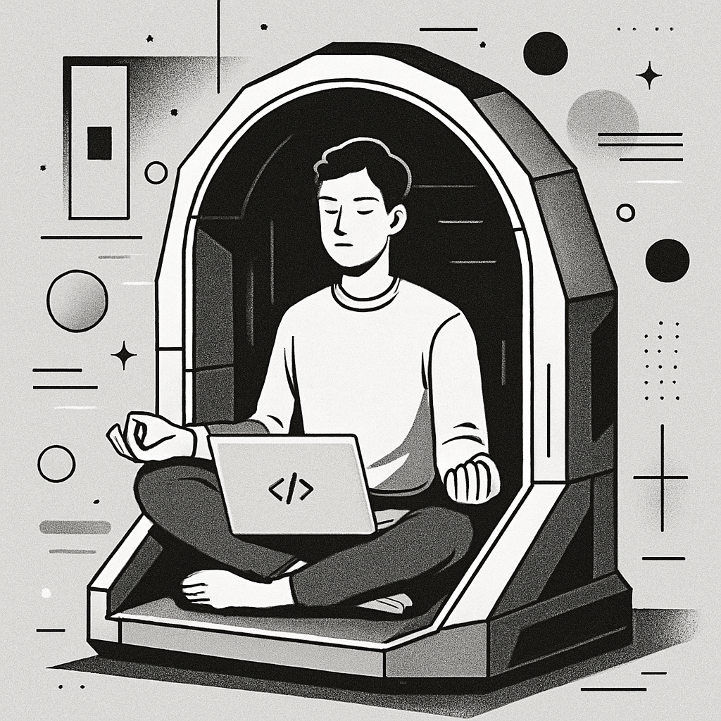 Black-and-white tech-inspired calming illustration for meditation retreat, cohesive with site style