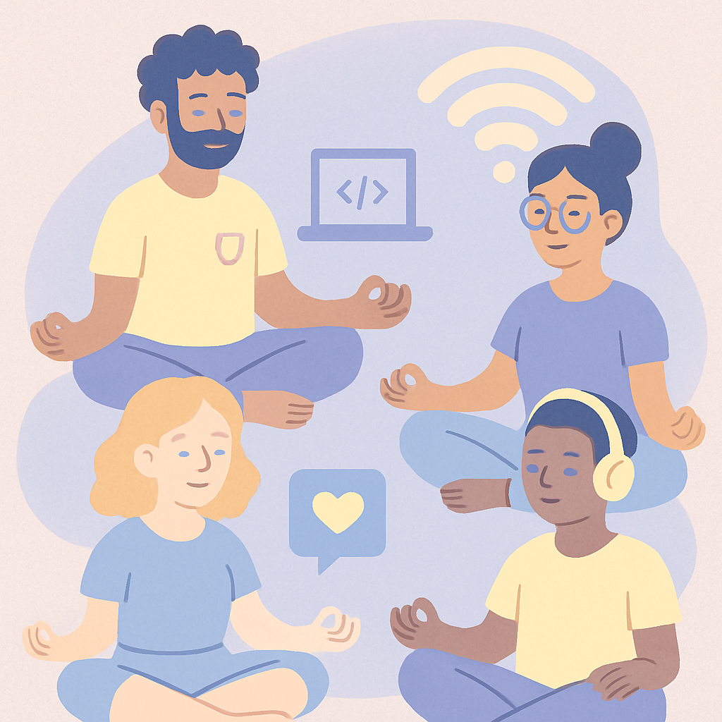 Pastel illustration of a friendly tech community meditating in a circle